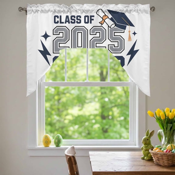 2025 Senior Swag Valances for Kitchen Window, Graduation Season Navy Hat Celebration Small Swag Valances Rod Pocket Curtain Drapes Window Treatment for Bedroom Bathroom, 56x36 Inch