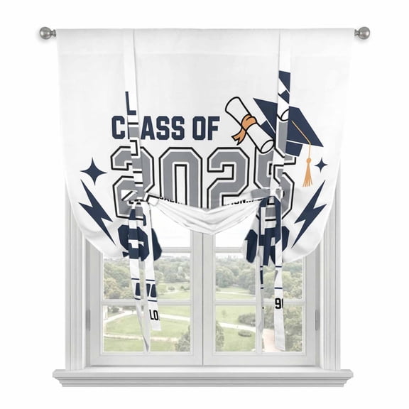 2025 Senior Tie Up Curtain for Window, Graduation Season Navy Hat Celebration Adjustable Tie Up Balloon Curtain Valances Rod Pocket Window Treatment for Kitchen Bathroom Bedroom 52"x63"