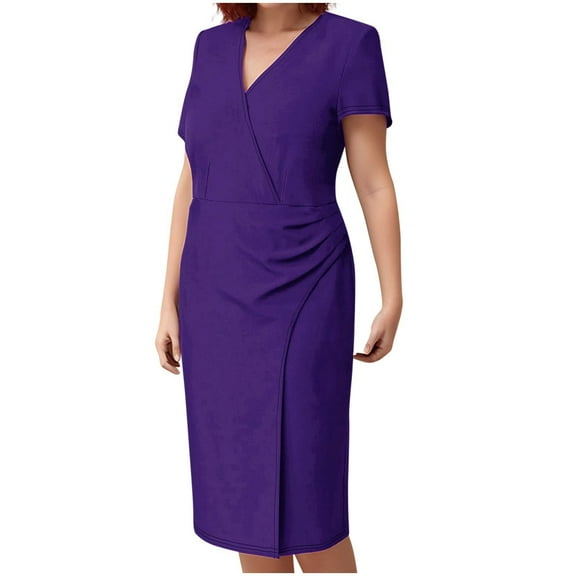 2025 Short Sleeve Churh Dresses for Women Plus Size V Neck Dress Casual Knee Lenght Business Office Pencil Dress