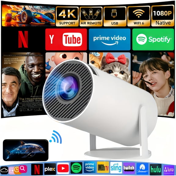 2025 Smart Projector with Android 11.0, Support 4K & Full HD 1080P, WIFI 6/BT 5.4, Portable Mini Projector for Home Theater, Movies, Gaming, 180° Rotatable LCD Projector, Halloween, Christmas Outdoor