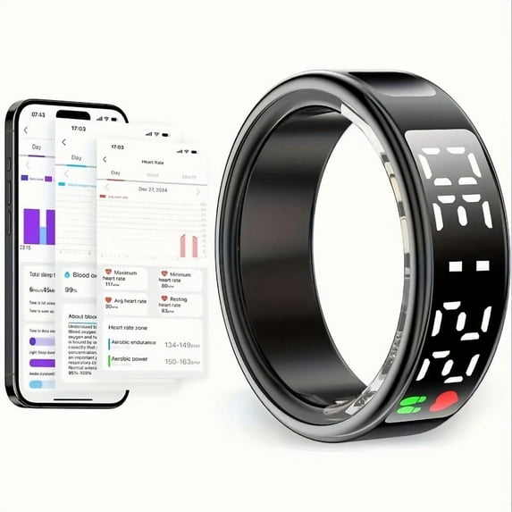 2025 Smart Ring for Women & Men, Fitness Tracker with LED Display - IP68 Waterproof, Step Counter, Distance Monitor for iPhone & Android - Gift for Parents