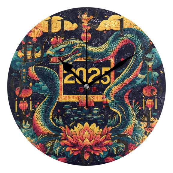 2025 Snake Year Round Wall Clock Battery Operated Silent Non-Ticking Bedroom Office Kitchen Home School Decor 10"(Black)