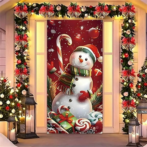 2025 Snowman Christmas Front Door Cover, Elastic Fabric for Outdoor Use, Cute Snowman Design, Easy to Install & Remove, Weather-Resistant Durable, Perfect for Christmas Party Decor, 35.4*78.6in