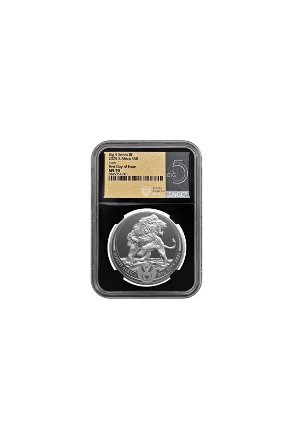 2025 South Africa 1 oz Silver Big 5 III Lion NGC MS70 First Day Of Issue