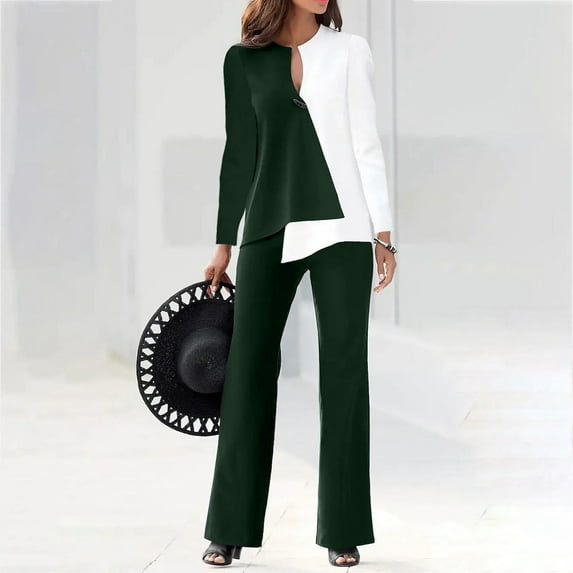 2025 Spring Autumn Fashion Elegant Two-Piece Set For Women With Color Block Long Sleeve Top And Long Pants For Commuting