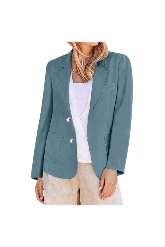 2025 Spring Fall Cotton Linen Blazer for Women Trendy Casual Long Sleeve Dressy Open Front Work Jacket with Pockets