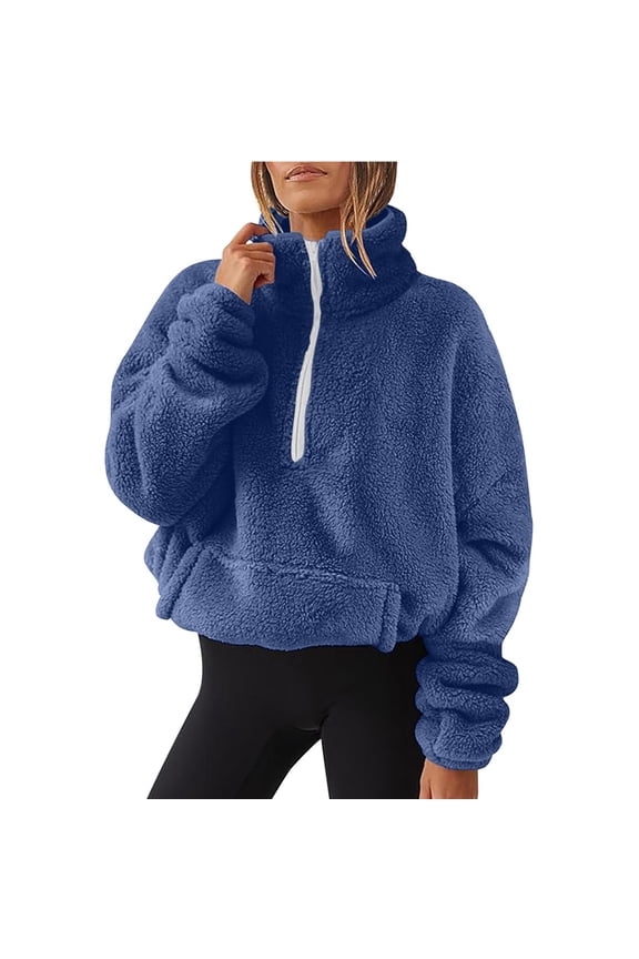2025 Spring Hoodie Blue Hoodie Long Sleeves V-Neck Long Sweaters for Women Solid Color Fashion Cardigan Casual Wear Hoodie(S)