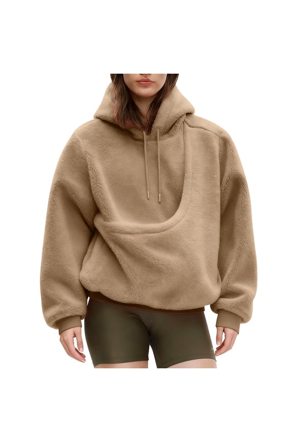 2025 Spring Hoodie Khaki Hoodie Long Sleeves Round Neck Chunky Cardigan Sweaters for Women Kangaroo Doudou Comfy Hoodie Casual Wear Hoodie(XL)
