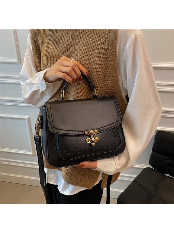 2025 Spring New Retro Satchel Bag for Women, PU Leather Crossbody Handbag with Vintage Lock - Large Boxy Tote with Stitching Detail for Daily Matching (Green/Black/Light Brown)