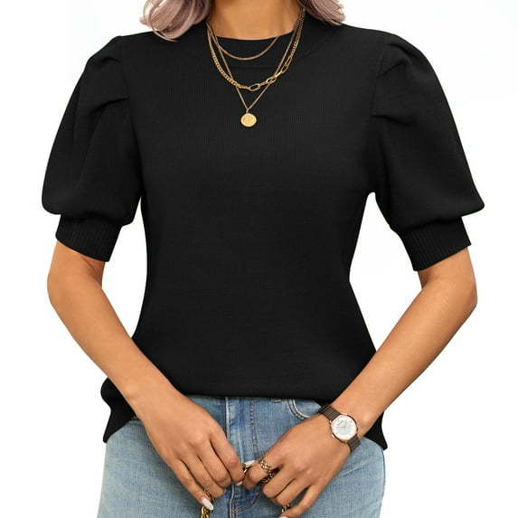 2025 Spring Summer Puff Short Sleeve Womens Sweater Tops Trendy Crew Neck Casual T Shirts Blouses