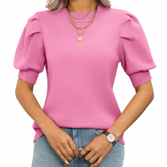 2025 Spring Summer Puff Short Sleeve Womens Sweater Tops Trendy Crew Neck Casual T Shirts Blouses