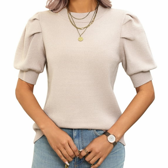 2025 Spring Summer Puff Short Sleeve Womens Sweater Tops Trendy Crew Neck Casual T Shirts Blouses