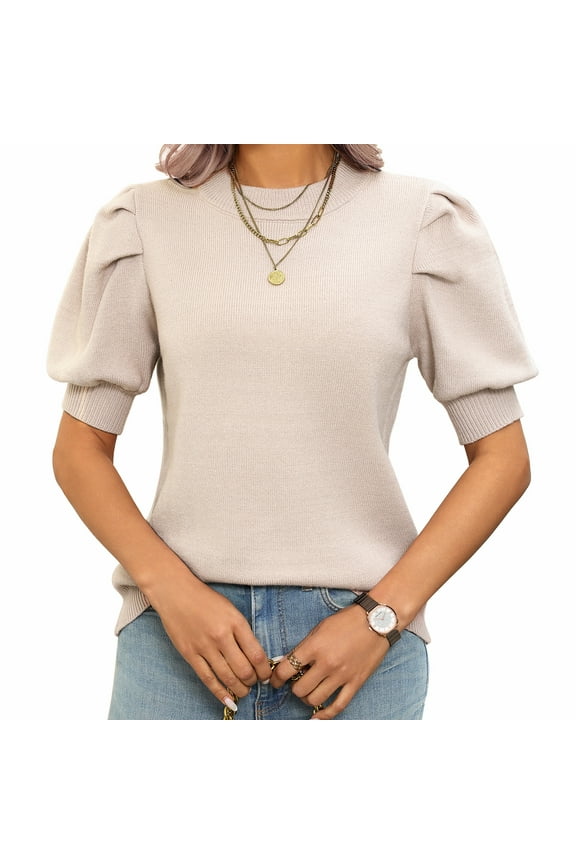 2025 Spring Summer Puff Short Sleeve Womens Sweater Tops Trendy Crew Neck Casual T Shirts Blouses