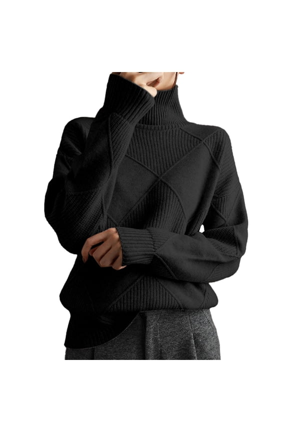 2025 Spring Sweater Black Sweater Long Sleeves Turtleneck Checkered Cardigan Solid Color Loose Hoodie Hoodie(L)