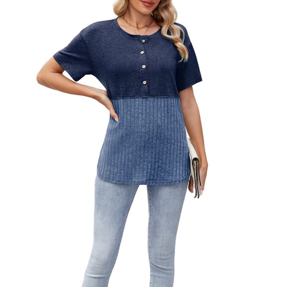2025 Spring and Summer New Women'S Button Short Sleeve Round Neck Colorblock Tops Blue L