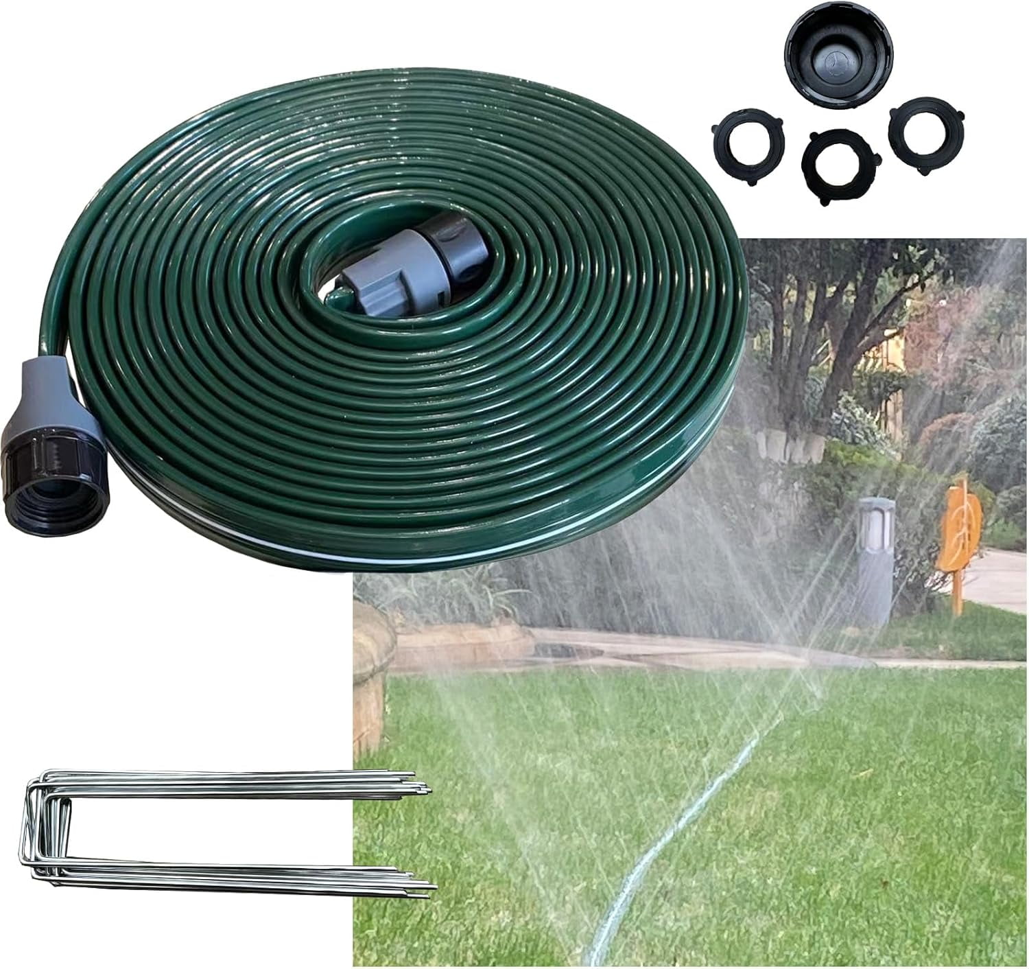 2025 Sprinkler Hose & Soaker Hose for Yard - 25 FT Reinforced Flat Garden Hose with Holes, Heavy Duty No-Kink Lawn Irrigation Hose (Includes Stakes, High Pressure Spray)