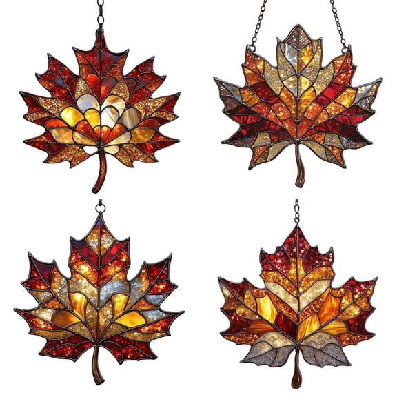 2025 Stained Acrylic Autumn Maple Leaf Ornament, Glitter Window Glass Hanging Decor, Thanksgiving Fall Decoration For Home (Pink*1+Hot Pink*1+Purple*1+Blue*1)