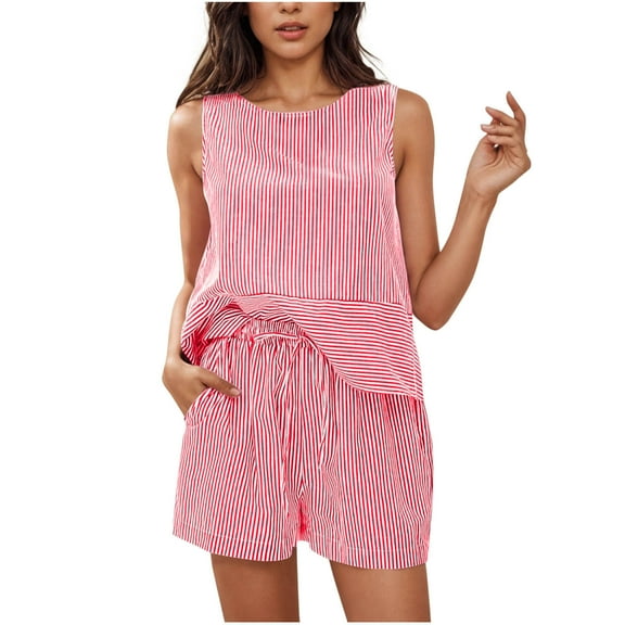 2025 Striped Vacation Set for Women Sleeveless Tank & Matching Shorts, 2-Piece Beach Outfit (Breathable & Versatile)