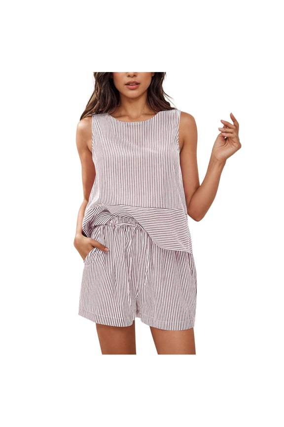 2025 Striped Vacation Set for Women Sleeveless Tank & Matching Shorts, 2-Piece Beach Outfit (Breathable & Versatile)