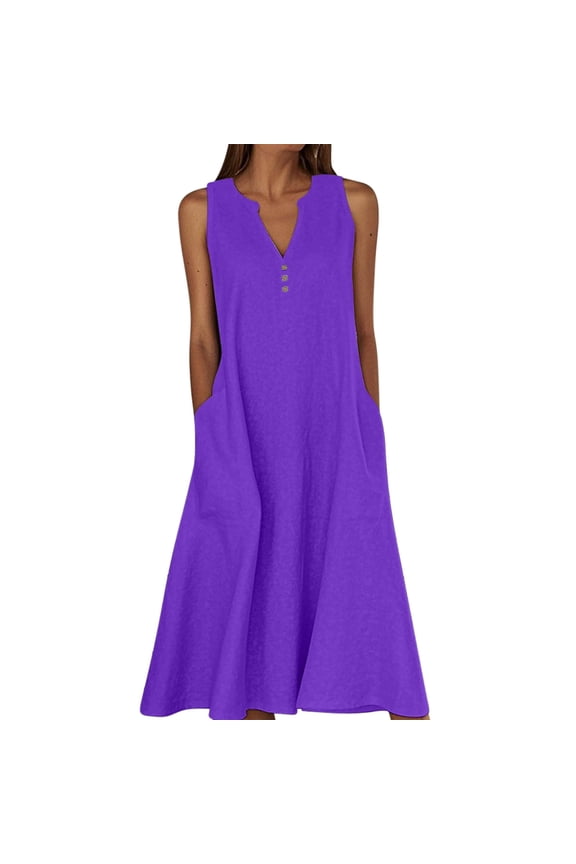 2025 Summer Cotton Linen Dresses for Women Button V Neck Sleeveless Midi Dress Casual Gauze Shift Dress with Pocket