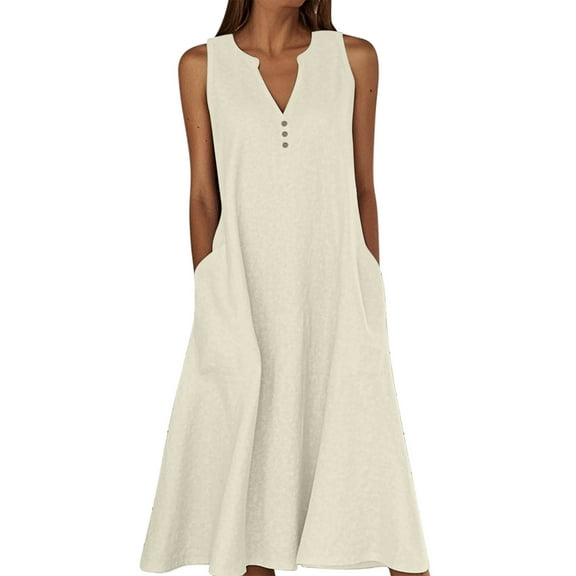 2025 Summer Cotton Linen Dresses for Women Button V Neck Sleeveless Midi Dress Casual Gauze Shift Dress with Pocket