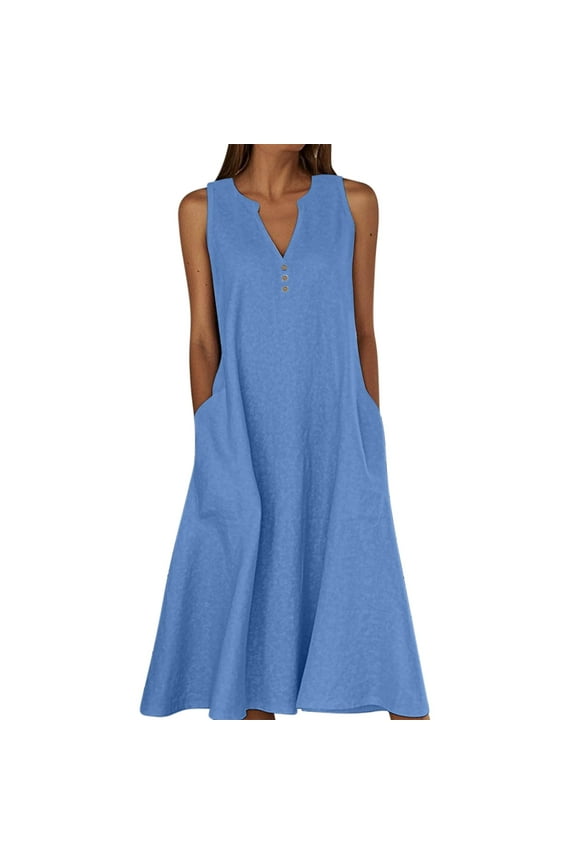 2025 Summer Cotton Linen Dresses for Women Button V Neck Sleeveless Midi Dress Casual Gauze Shift Dress with Pocket