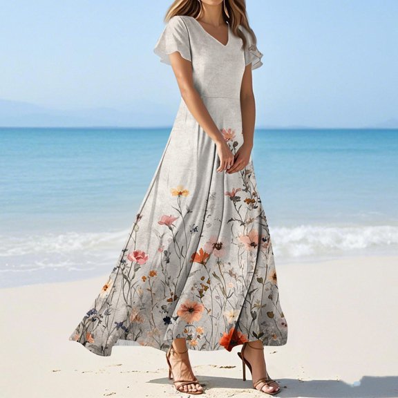 2025 Summer Floral Maxi Dresses Elegant Flutter Sleeve V Neck Long Flowy Garden Party Dress Light Gray L