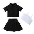 thumbnail image 1 of 2025 Summer Girls Fashion Turn-Down Collar Short Sleeves Set 1-7y Kids Suspenders Vest+Lapel Blouse+Short Dress Three-Piece Set, 1 of 3