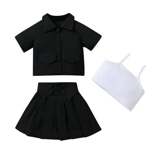 2025 Summer Girls Fashion Turn-Down Collar Short Sleeves Set 1-7y Kids Suspenders Vest+Lapel Blouse+Short Dress Three-Piece Set