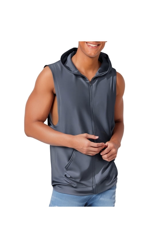 2025 Summer Men's Hooded Sleeveless Cardigan - Exercise Fitness Training Vest, Polyester & Spandex, U Neck, Baggy Fit, for Multiple Occasions