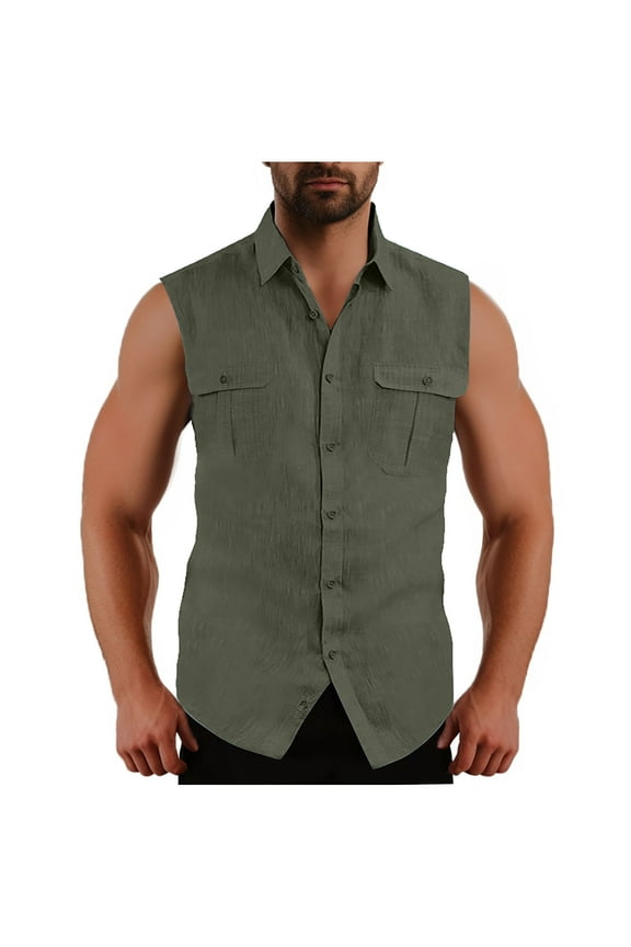 2025 Summer Mens Sleeveless Button Down Shirts Cotton Linen Casual Solid Beach Tank Tops Cargo T-Shirt