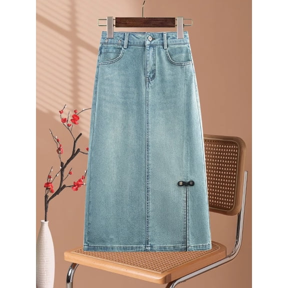 2025 Summer New Chinese Style Denim Skirt, Thin Washed Blue A-Line Midi Skirt with Frog Buttons & Side Slit, Retro Bodycon Skirt