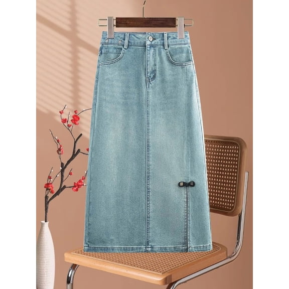 2025 Summer New Chinese Style Denim Skirt, Thin Washed Blue A-Line Midi Skirt with Frog Buttons & Side Slit, Retro Bodycon Skirt