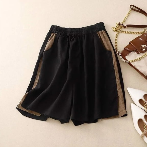 2025 Summer New Comfortable And Linen Stitching Contrast Shorts Women's Loose Casual Elastic Five Point Wide Leg Pants Women Shorts Casual Set Womens Overall Shorts Short Sleeve Tunics for Women