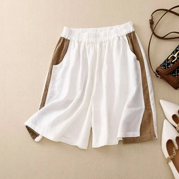 2025 Summer New Comfortable And Linen Stitching Contrast Shorts Women's Loose Casual Elastic Five Point Wide Leg Pants Women Shorts Casual Set Womens Overall Shorts Short Sleeve Tunics for Women