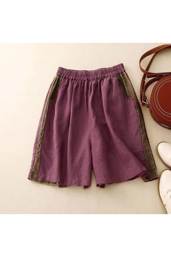 2025 Summer New Comfortable And Linen Stitching Contrast Shorts Women's Loose Casual Elastic Five Point Wide Leg Pants Women Shorts Casual Set Womens Overall Shorts Short Sleeve Tunics for Women