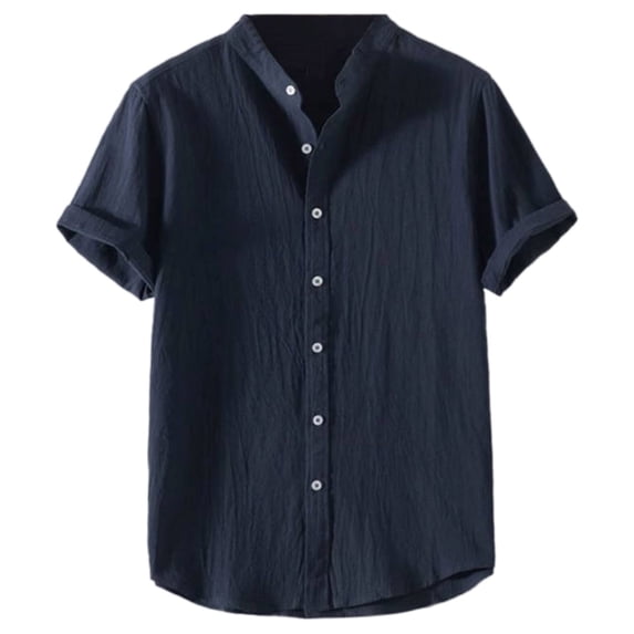 2025 Summer New Men's Solid Color Standing Collar Shirt Short Sleeved, Fashionable for Work & Leisure