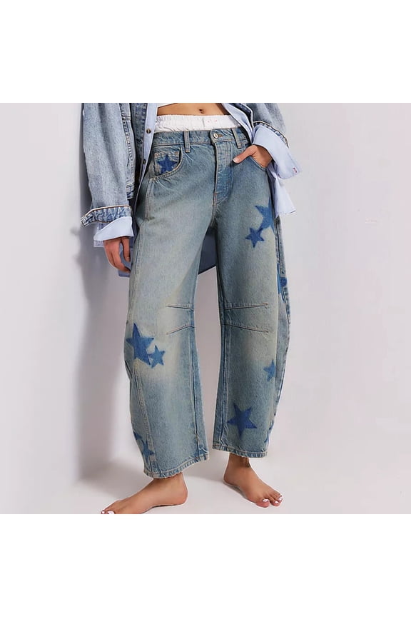 2025 Summer ! ChaoHeng Women Pants with Elastic Waistband Fashion Women's Casual Loose Mid Waist Cylindrical Star Shaped Jeans