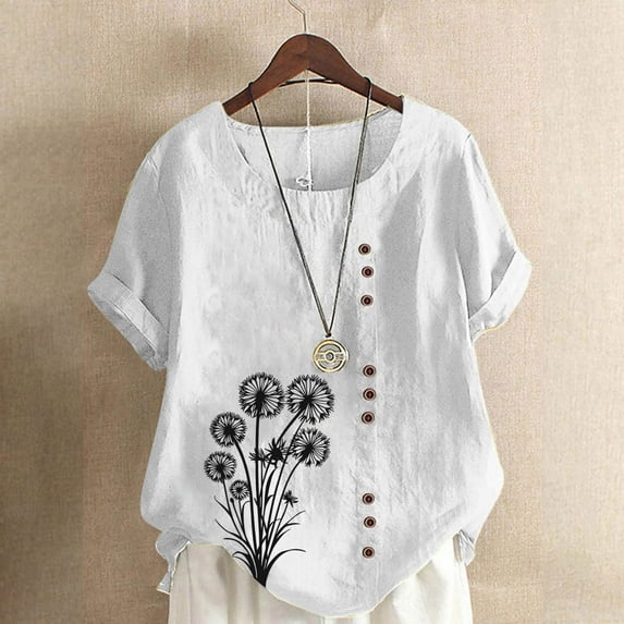 2025 Chaoheng Womens Spring Tops Women Casual and Linen Round-Neck Top Printed Short Sleeve Button T-shirt Blouse
