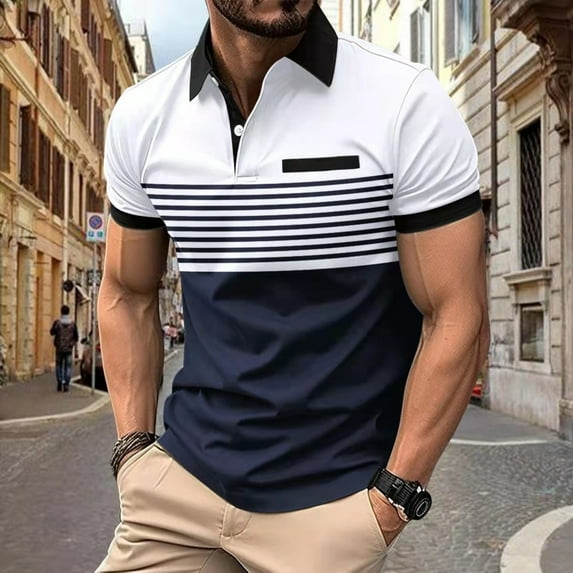 Dxzfnsa Summer Shirts for Men Lightweight Men's Button Turn-down Collar Tops Crew Neck Stripe Sports Tops Casual Short-Sleeved Sport Shirts