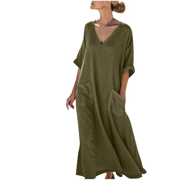 2025 Summer Women 3/4 Sleeve Linen Maxi Dresses Vintage Loose V Neck Flowy Dress Casual A-Line Dress with Pockets