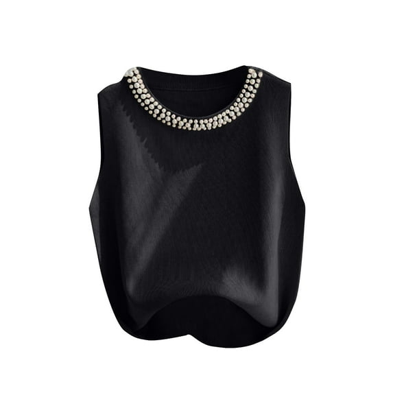 2025 Summer Women's Beaded Crewneck Tank Top Solid Sleeveless Knitted Blouse Loose Fit Casual Office Wear Thin Work Tops