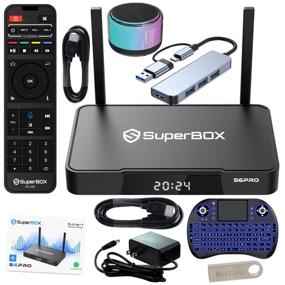 2025 Super Box S6 Pro Latest Version, 4G+ 32G, S6 Pro 2025 Superbox Elite Fully, 5th Generation Super Stable Smart TV Box for TV, Voice Remote, Power Supply, Easy Setup Guide & Phone Support
