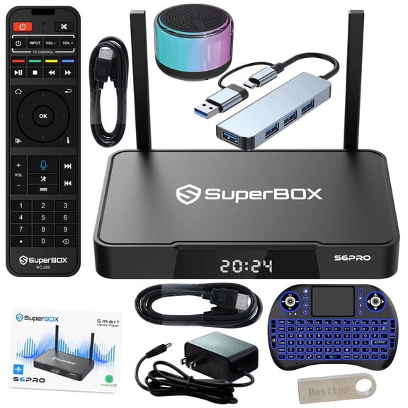 2025 Super Box S6 Pro Latest Version, 4G+ 32G, S6 Pro 2025 Superbox Elite Fully, 5th Generation Super Stable Smart TV Box for TV, Voice Remote, Power Supply, Easy Setup Guide & Phone Support