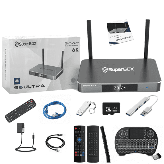 2025 Super Box S6 Ultra Full Loaded TV Box 4G RAM & 128G Storage with USB Hub, Keyboard, 128G TF Card, Voice Remote, Audio Cable, HDMI Cord, Power Supply and Manuals