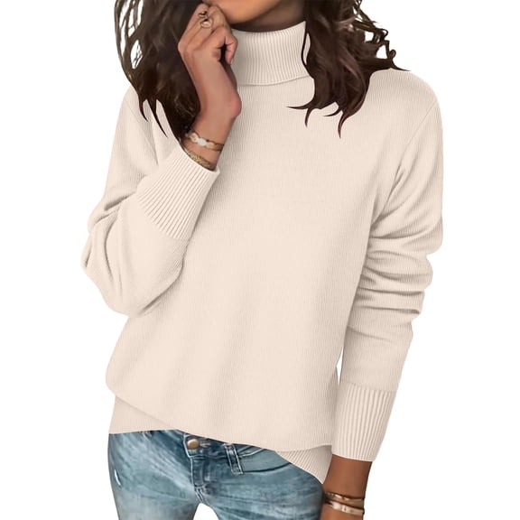 2025 Sweaters for Women Long Sleeve Turtleneck Tops Fall Winter Soft Warm Cozy Wool Knit Sweater Pullover Beige S