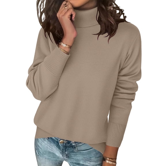 2025 Sweaters for Women Long Sleeve Turtleneck Tops Fall Winter Soft Warm Cozy Wool Knit Sweater Pullover Camel 3XL