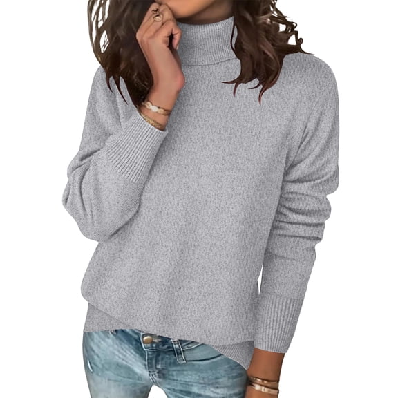2025 Sweaters for Women Long Sleeve Turtleneck Tops Fall Winter Soft Warm Cozy Wool Knit Sweater Pullover Light Gray S