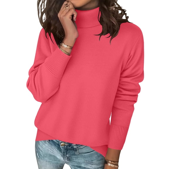 2025 Sweaters for Women Long Sleeve Turtleneck Tops Fall Winter Soft Warm Cozy Wool Knit Sweater Pullover Watermelon Red XXL