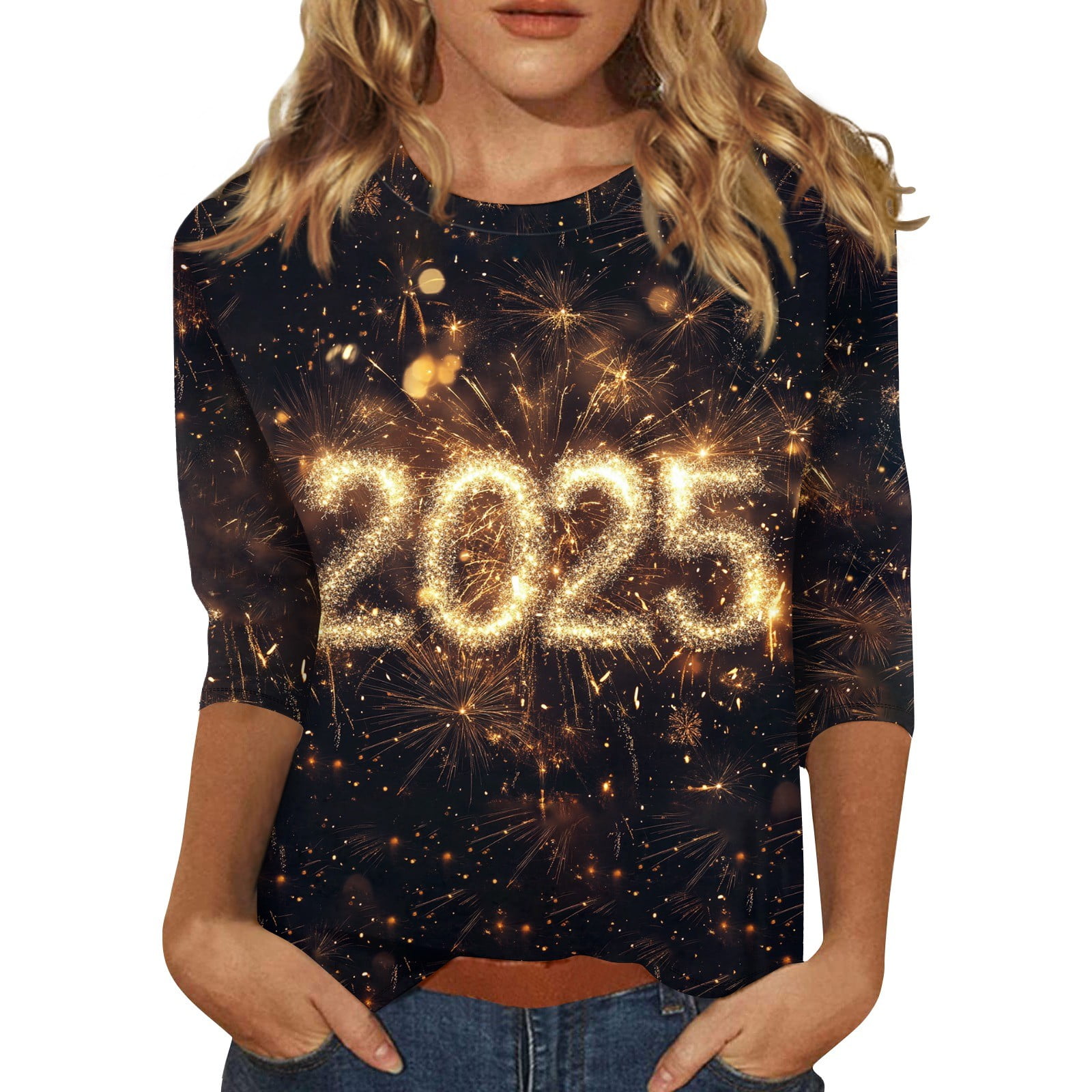 2025 T Shirts Women Letter Printed Shirts 3/4 Sleeve 2025 Party